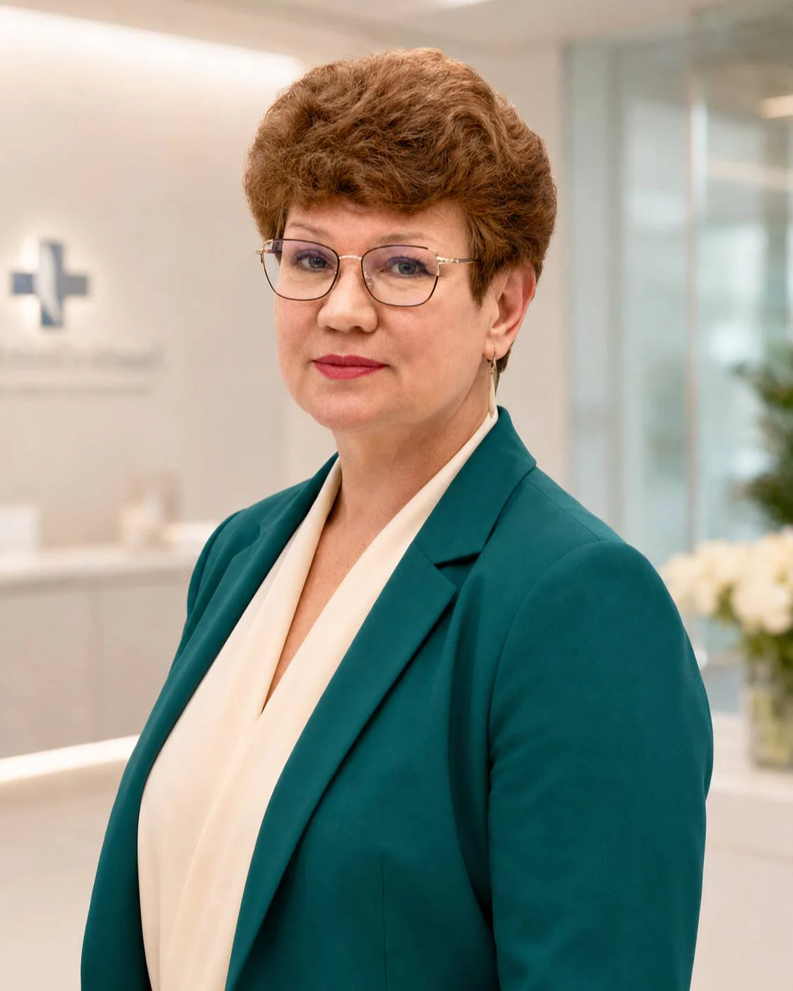 Марина Фомина в светлом рабочем кабинете